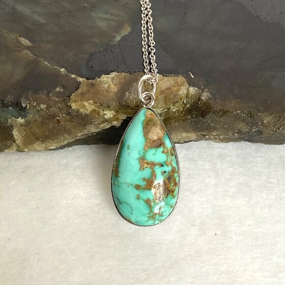 Sterling Silver 925 Southwest Bezel Set Turquoise Cabochon Pendant Necklace 18" - Picture 5 of 16